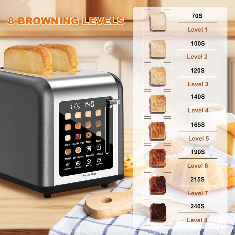 Clixane 2 Slice Toaster Touch Screen, Stainless Steel Toasters Digital Timer 2 Slot Toasters, 8 Shade Settings 6 Bread Types for Bagel, Cancel, Defrost (Grey) - Image 4